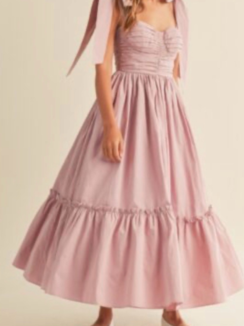 Dusty Rose Tie-Shoulder Maxi Dress with Ruched Bodice